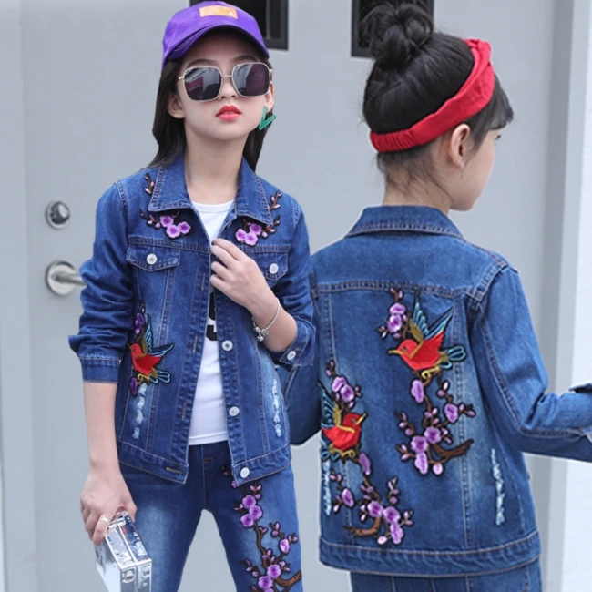 SE3188 4-12 years big girl clothing fashion and comfortable jeans jacket 3pcs set denim jacket+jeans+shirt set