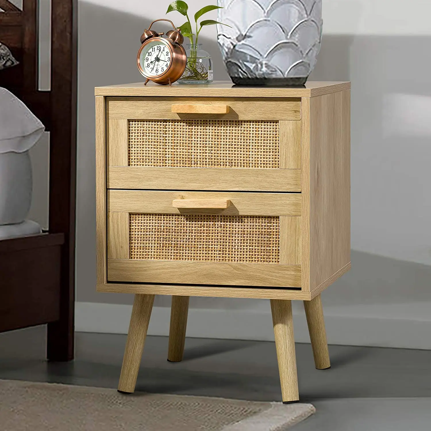 Natural Wood Accent Table Storage Bedside Table Nightstand with 2 Hand Made Rattan Decorated Drawers