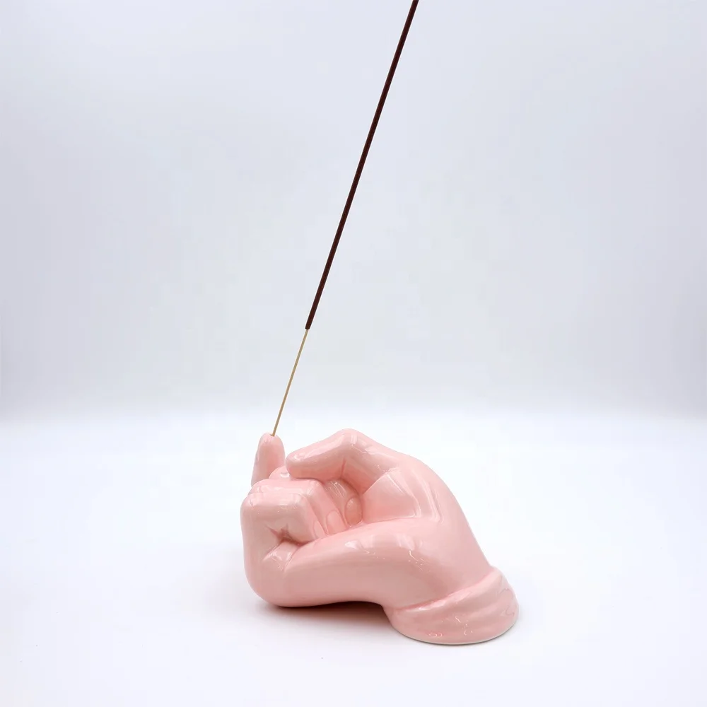 Custom hand crafted high end modern porcelain zen incense holder ceramic hand curling forefinger gesture incense stick burner