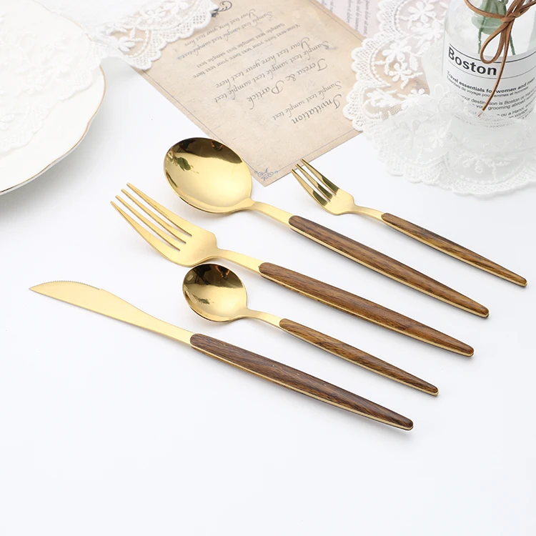 Amazon Hot Sale 5pcs Stainless Steel Metal Spoons And Forks Set With Wooden Handle