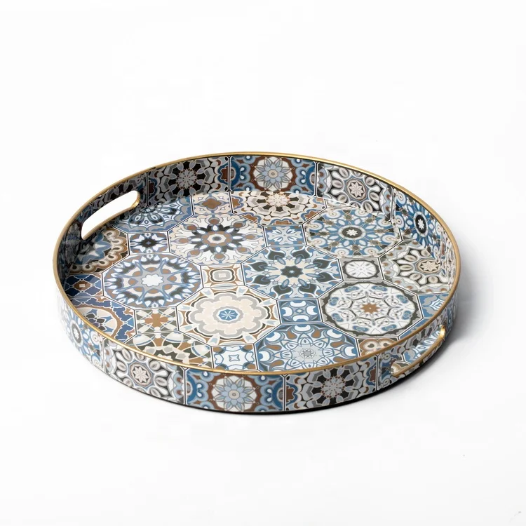 Customizable Tray Round Plastic Tray Plates With Two Handle Melamine Service Tray