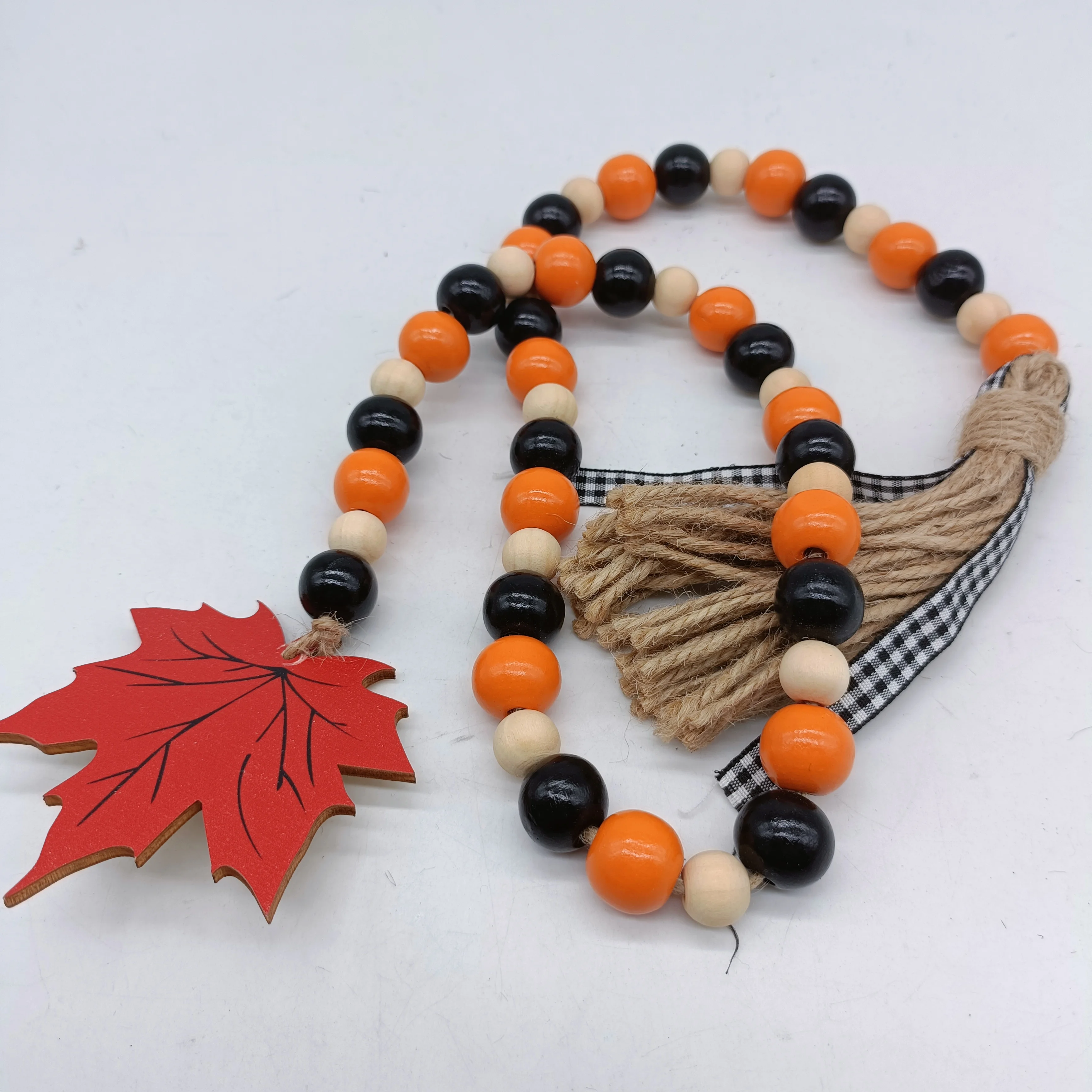 TaiLai Christmas Wooden Bead Garland with Christmas Tree Ornament Wood Bead Garland with Tassels Maple Leaf Tag Farmhouse Beads