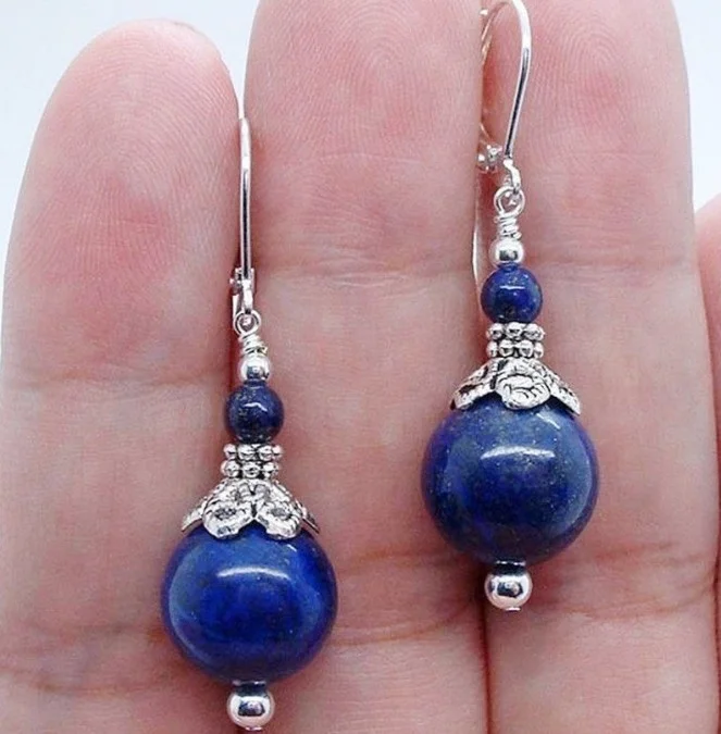 Natural Lapis Lazuli Gemstone Beads Tibet Silver Earrings Christmas Party Earring