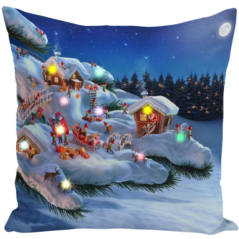 Blue Cushion Cover LED Merry Christmas Throw Pillow Case Super Sofa Light Up Cushion Cover