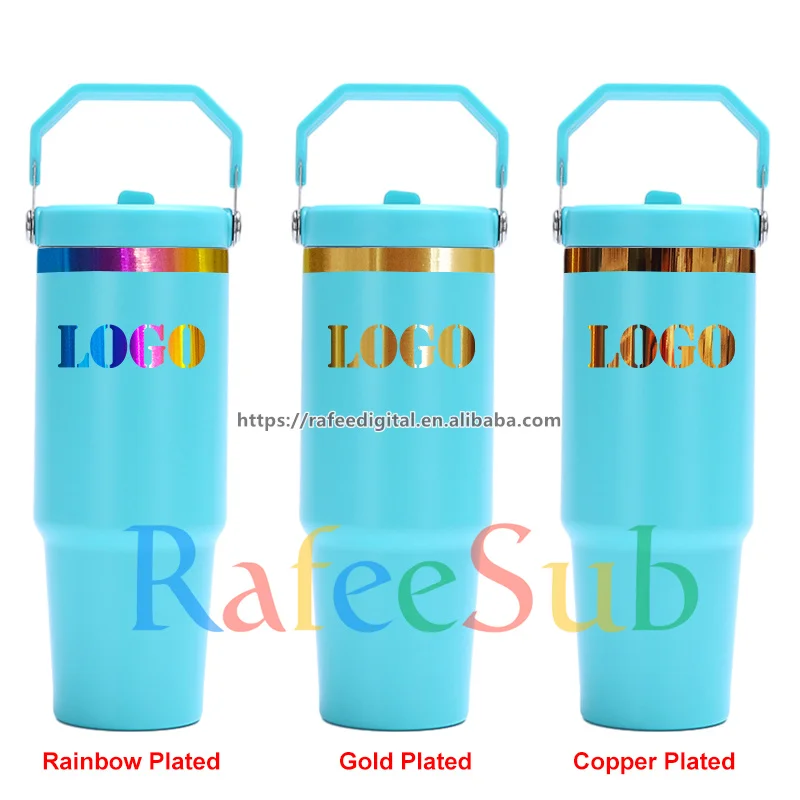 30oz 30 oz Rainbow/ Gold/ Copper Plated Base Laser Engrave Powder Coated Flip Straw Stainless Steel Tumbler Cup with Top Handle