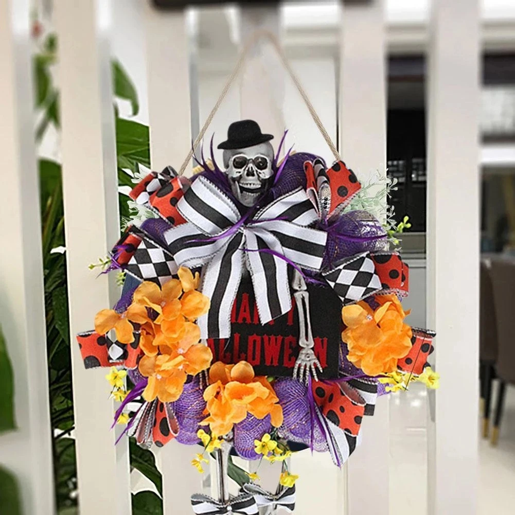 Halloween Skull Wreath With Bow Decoration Front Door Decor Window Door Hanging Skull Garland Horror Atmosphere Layout Prop