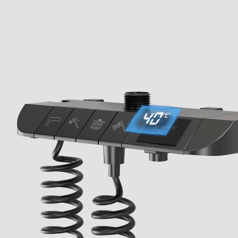 DQOK Black Gun Gray Copper Piano Shower Set 4 Functions Rainfall Shower Head Bathroom Shower System With Temperature