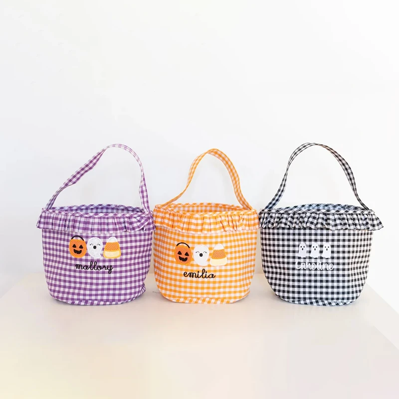 Halloween Bucket Home Decor Name Trick Candy Bag Treat Bag Kids Gingham Ruffle Halloween Baskets
