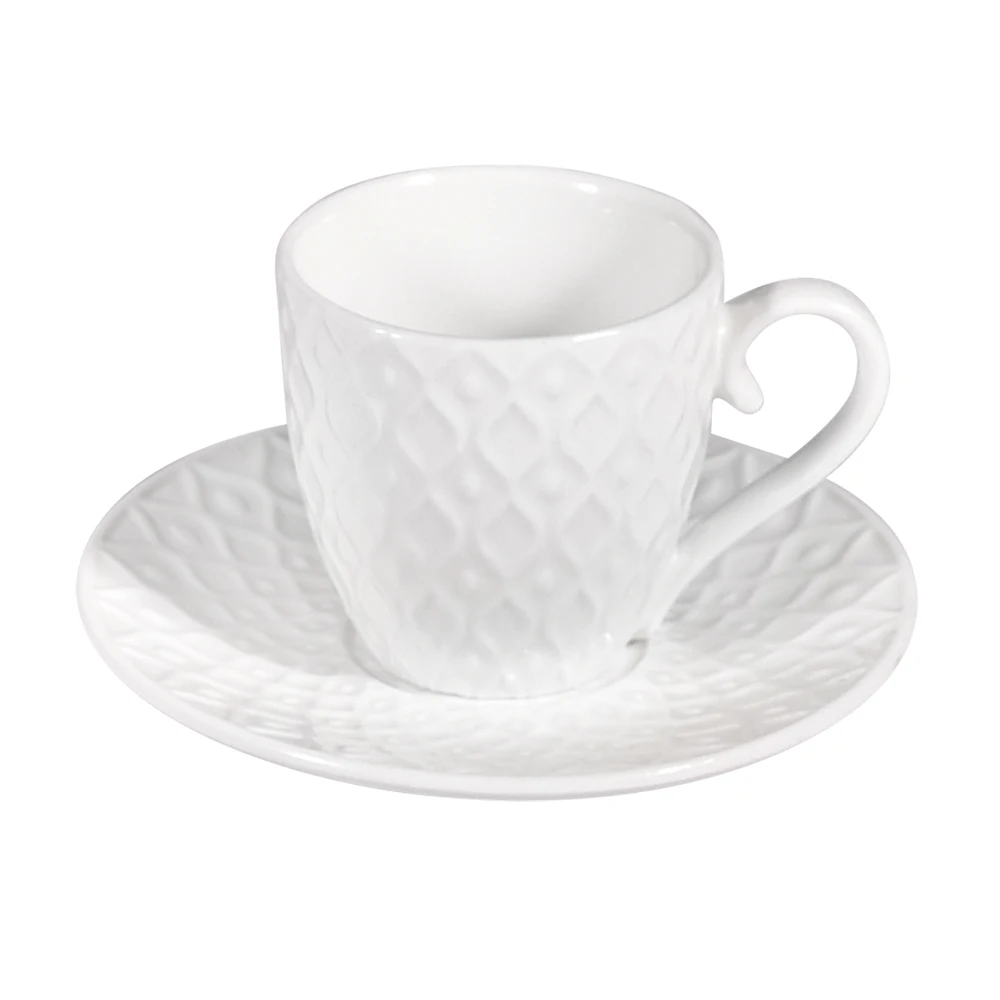 High Quality White Embossed Coffee Cup And Saucer New Bone China Coffee Set