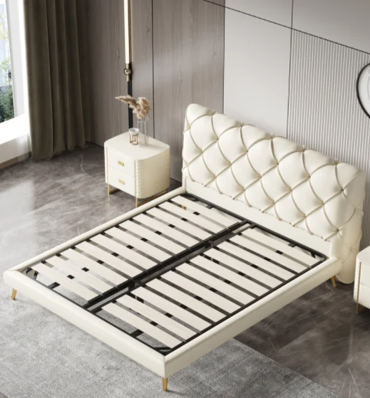 Creative Fashion Design Gold Metal Leg bed Upholstery Leather Double King Queen Full Size White Bedroom Wooden Frame Sofa Bed