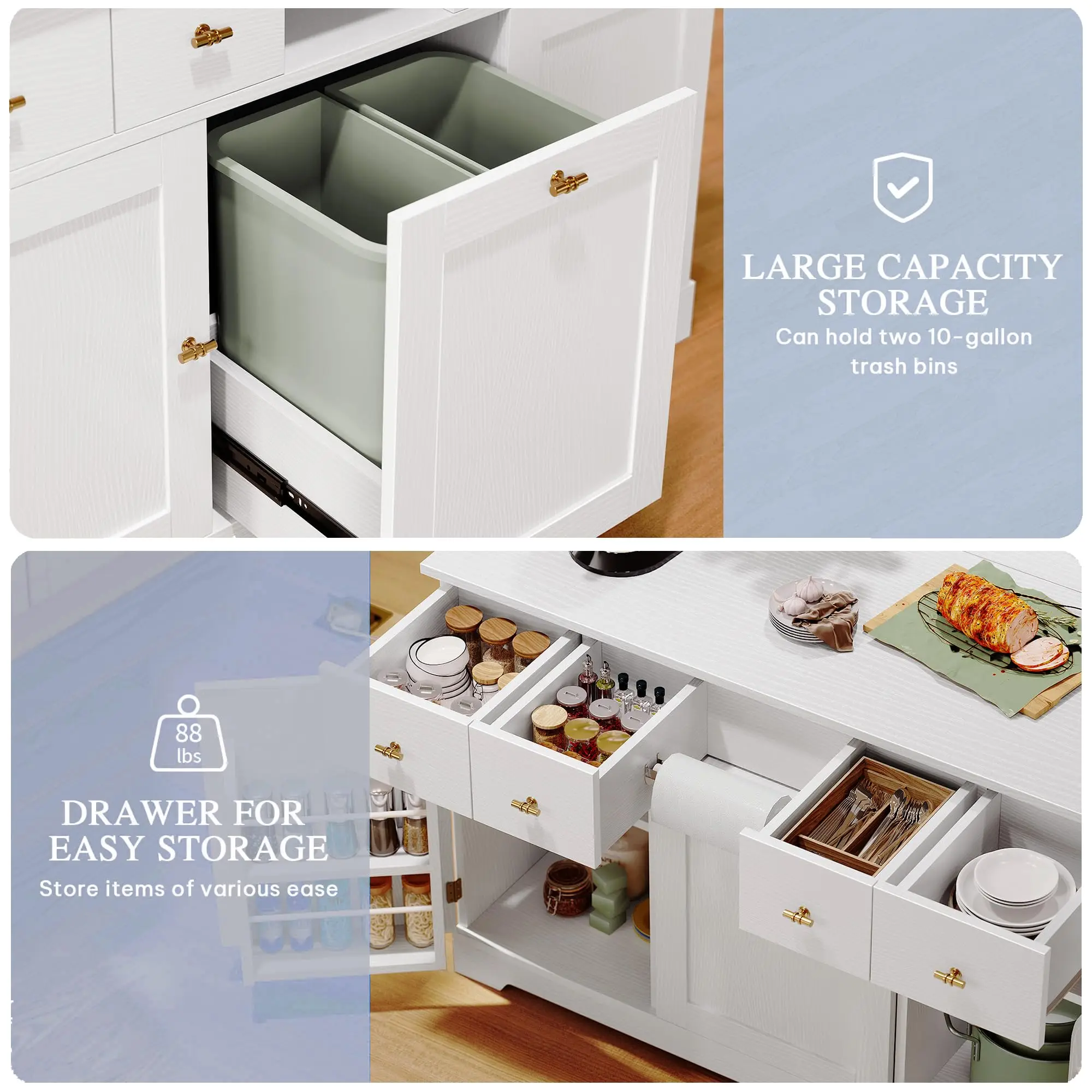 Sunrise Kitchen Island with Drop Leaf, Double Tilt Out Trash Can Kitchen Storage Islands, 59 Inch Large Rolling Portable Islands