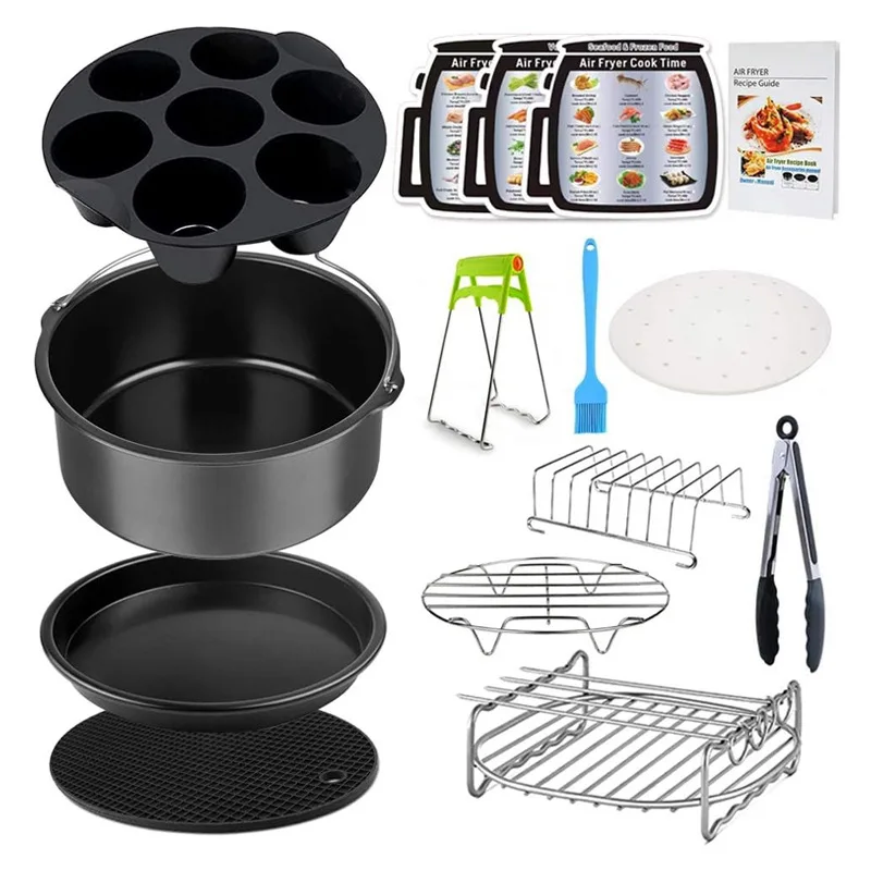 New Design 8inch with Pizza Pan Cake Barrel Skewer Rack Silicone Mat Food Tongs 15pcs Kitchen Air Fryer Accessories Set For Home
