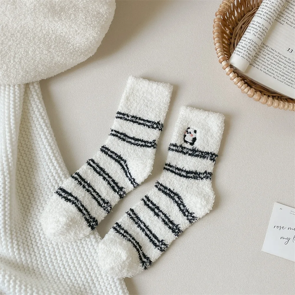 2024 Winter Girls Cute panda fluffy socks coral fleece thick winter floor socks women fuzzy socks