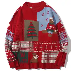 Customized Sample & LOGO Winter Christmas Patchwork Animal Bear Jacquard Knit Crew Neck Pullover Sweater