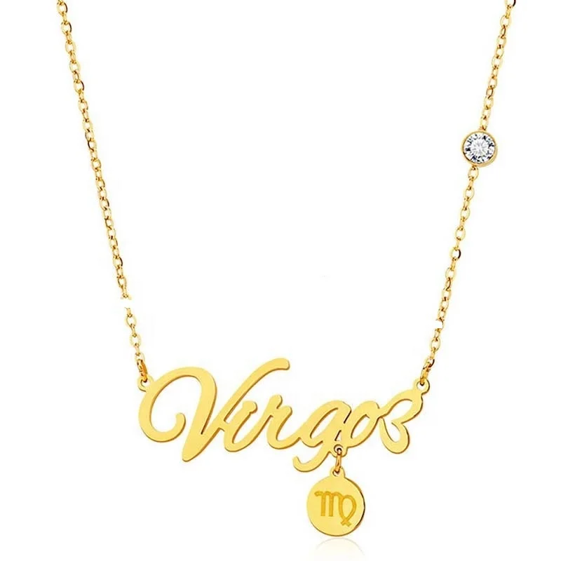 Stainless Steel 12 Zodiac Letter Name Necklace With Round Sign Charm Pendant Dangling Link Chain Necklace Gold Jewelry Women Hot