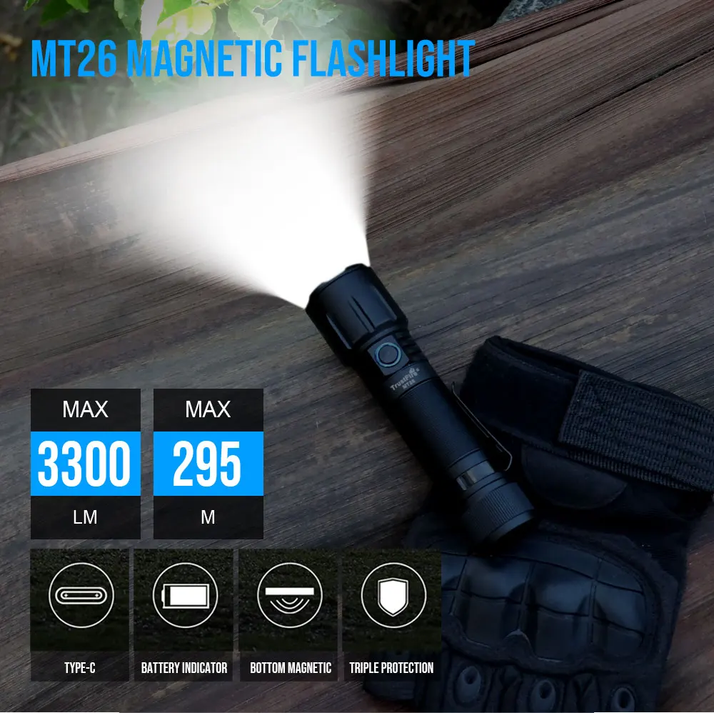 High Power TrustFire MT26 3300LM Magnetic EDC Flashlight 21700 USB C Rechargeable Power bank Hand Torch Light