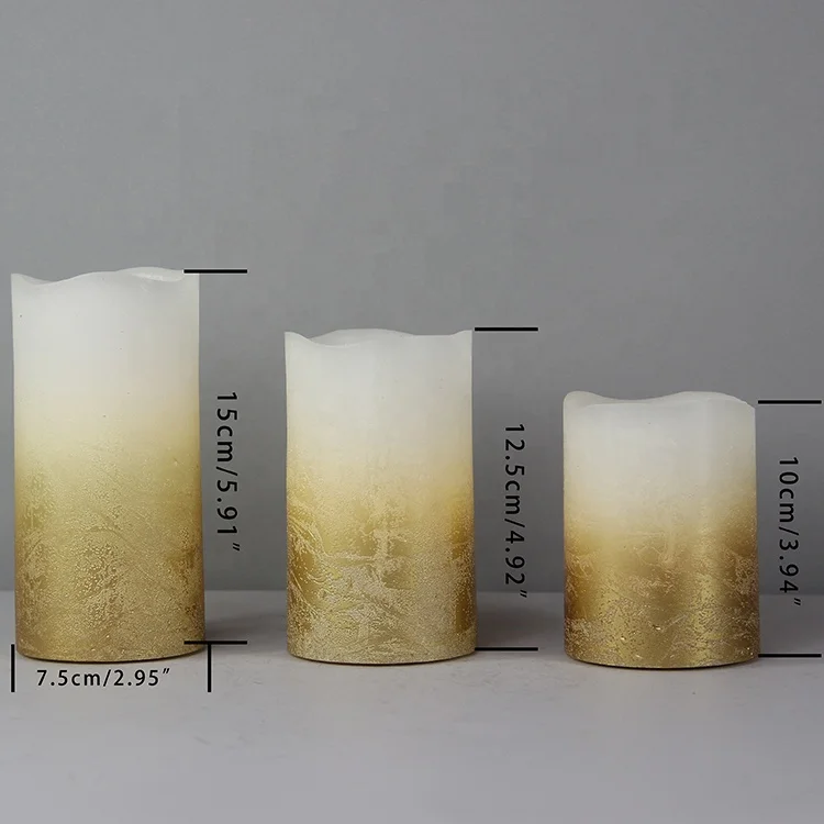 SET OF 3 BATTERY OPERATED REAL WAX FLICKERING LED CANDLE, WITH TIMER FUNCTION, WITH GOLD METALLIC OMBRE DISTRESSED FINISH