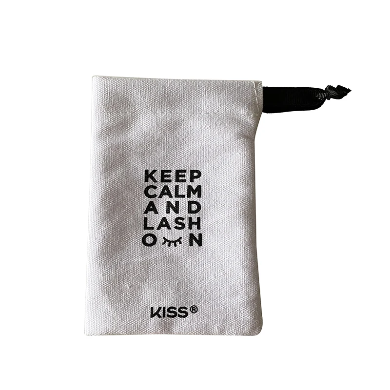 Custom Logo High Quality 9X14CM White 10OZ Cotton Eyelashes Bags With Ribbon drawstring