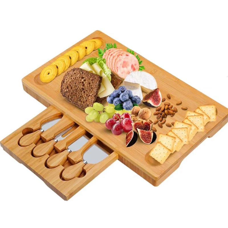Bamboo Cheese Cutting Board Food Serving Tray Set Rectangle Shape Slide Draw Stainless Steel Cheese Knives Bamboo Snack Tray Set