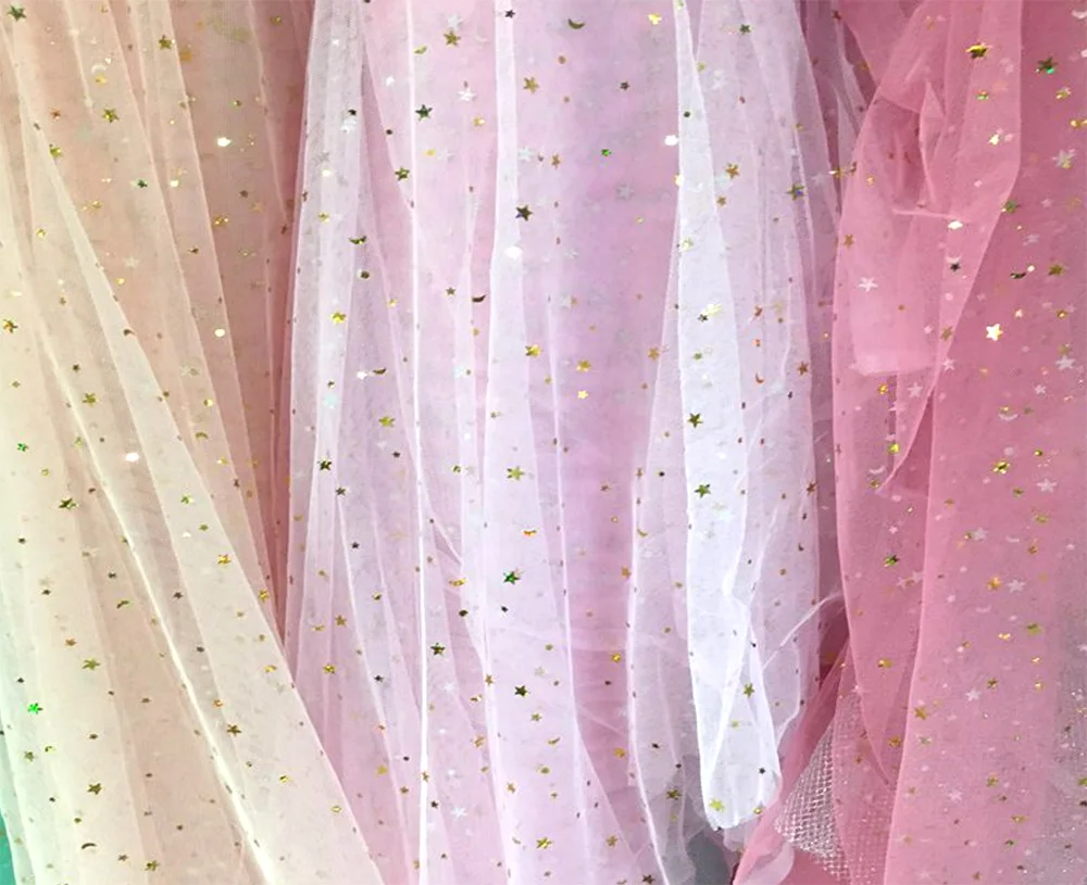 Hot selling wholesale high quality 50D 100% polyester printed fabric star mesh fabric Vietnam market wedding dress fabric
