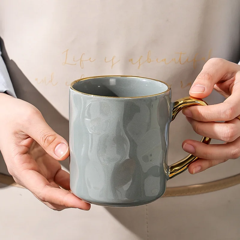 Wholesale cheap Nordic espresso couple cups solid color glazed ceramic coffee mug with golden rim