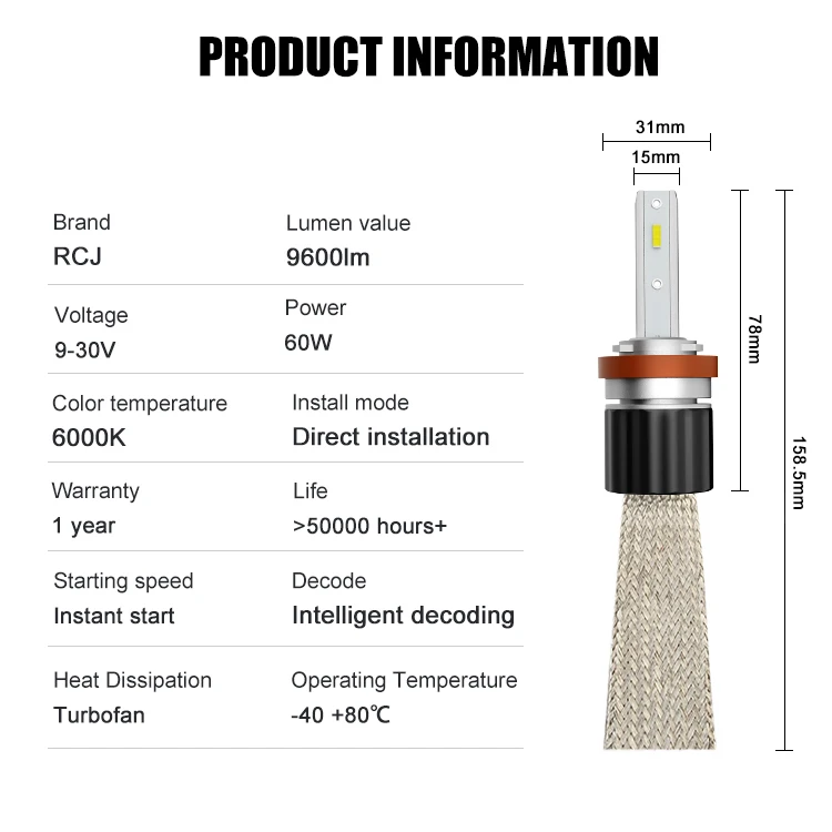 RCJ Mini 60W Car H1 H4 H7 H11 Led Headlight Bulb Led CSP H4 Led T8 Fanless Led Headlight