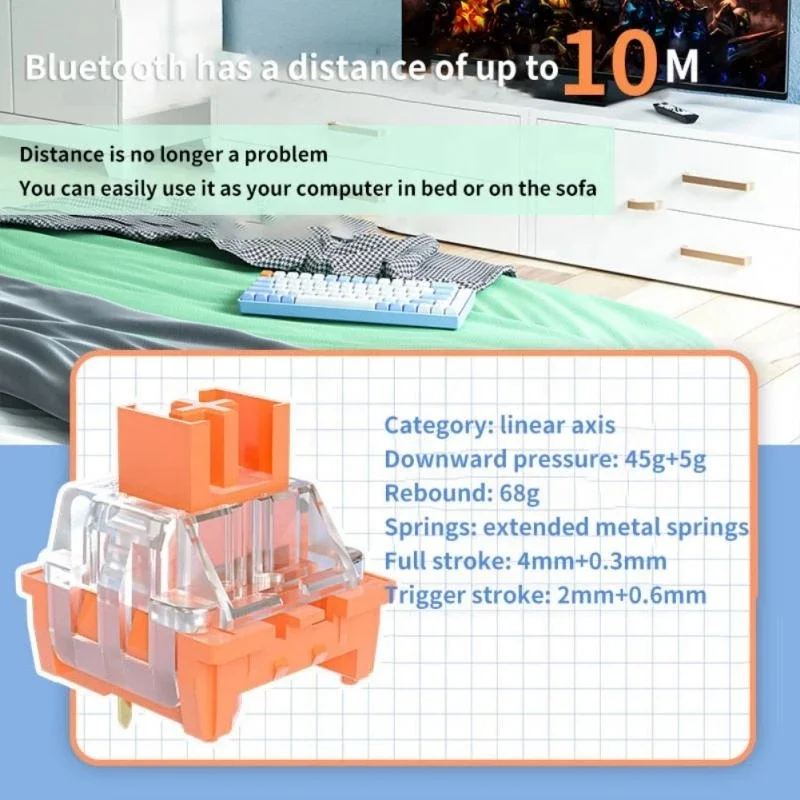 65 Keys 3 Mode BT Type-C 2.4G Adjustable Backlight Hot Swappable Ergonomic 60% Wireless Mechanical Keyboard