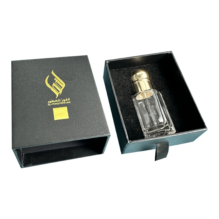 Square Gift Perfume Bottle Drawer Slide Box Packaging Gold Foil Logo Luxury Rigid Black Box 3ML 6ML 12ML Custom Cosmetic Box