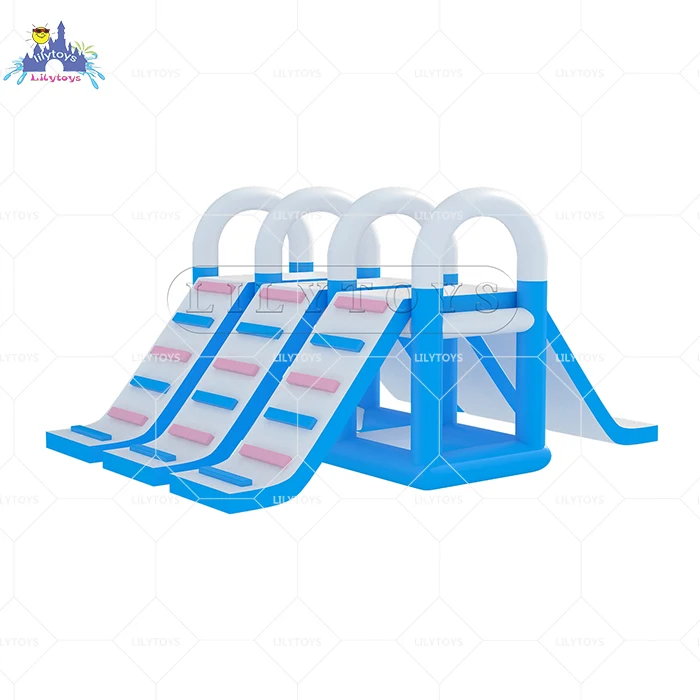 Inflatable water park module climb and slide for kids and adults floating above lake and ocean inflatable water obstacle course