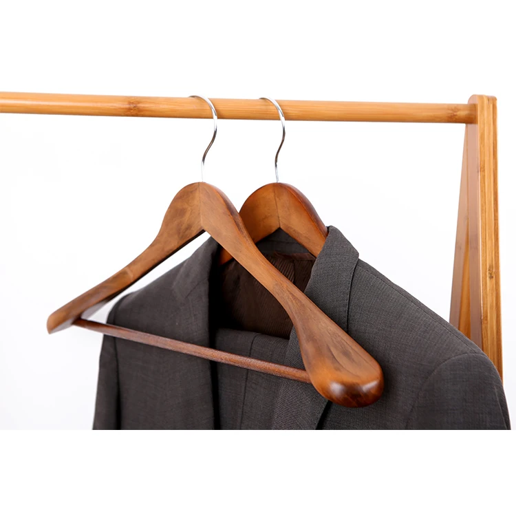 PREMIUM QUALITY CUSTOMIZATION LOGO WALNUT COLOR SUIT HANGERS WITH VELVET COVERED NON-SLIP BAR and EXTRA WIDE SHOULDER