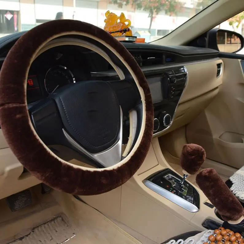 K395 Universal Steering-wheel Plush Faux fur Hand Brake Gear Cover Set Car Steering Wheel Covers