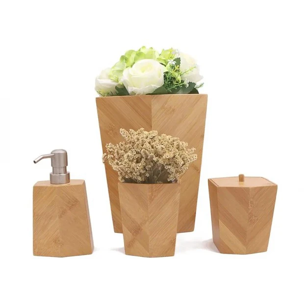 Bamboo Lid Waste Bin With Toilet Brush Holder Round Trash Can Waste Bin With Bamboo Lid For Bathroom