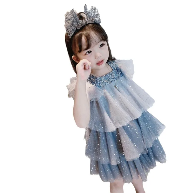 Spot Goods Summer Baby Dress Lace Party Tulle Ruffle Sleeve Star Sequin Cake Dress