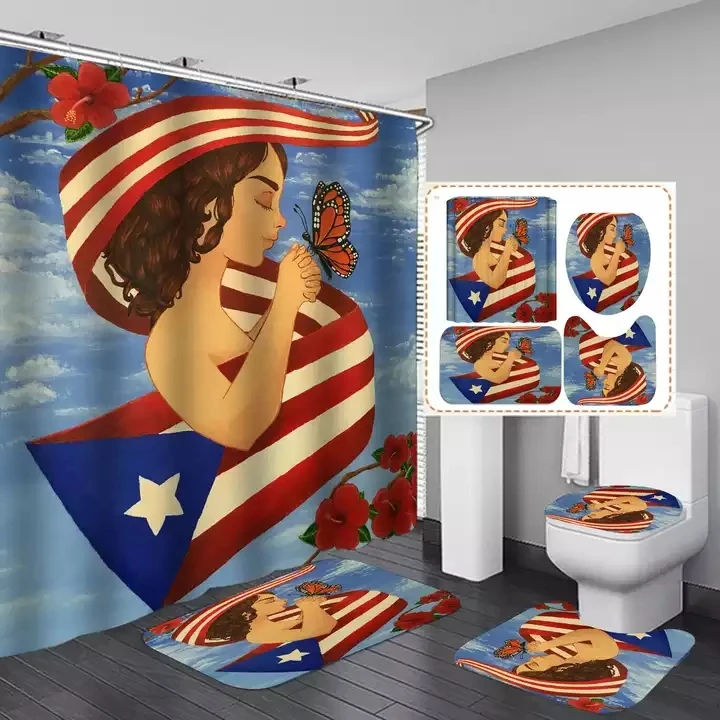 Puerto Rico Flag Toilet Sets Frog Farm Rooster Printed Polyester Waterproof Shower Curtain