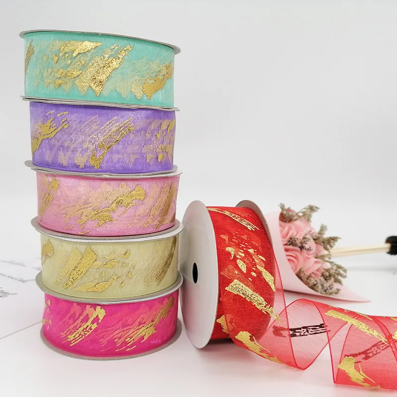 Wholesale Quality Gift Box Packaging Polyester Gilding Snow Yarn Organza Satin Wired Ribbon  For Crafts Ribbons For Gift Wrap