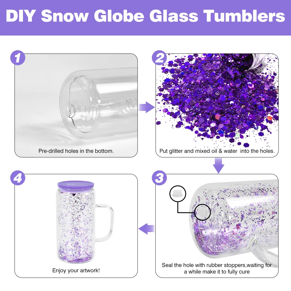 sublimation handle glass jar 16oz double wall glass tumbler with Colorful lid snow globe glass can with pre-drilled hole