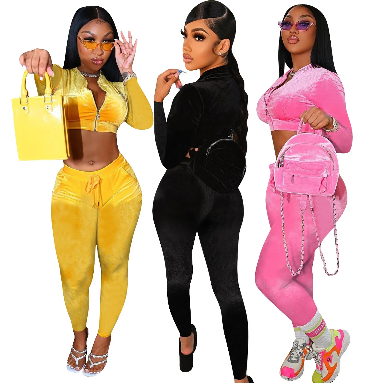 In stock long sleeve Crop top two piece pants set velour tracksuit for women 2021 clothing with front zipper