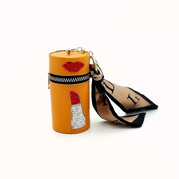 Fashion shiny leather key chain mini cylinder makeup lipstick holder bag key ring coin purse designer luxury keychain