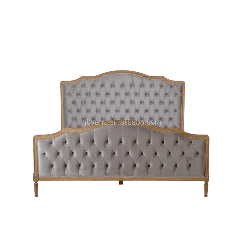 Vintage Grey Velvet Sleeper Bedroom Furniture Wood Slat Bed Base King Frames Upholstered Upholstery French Carving Bed Designs