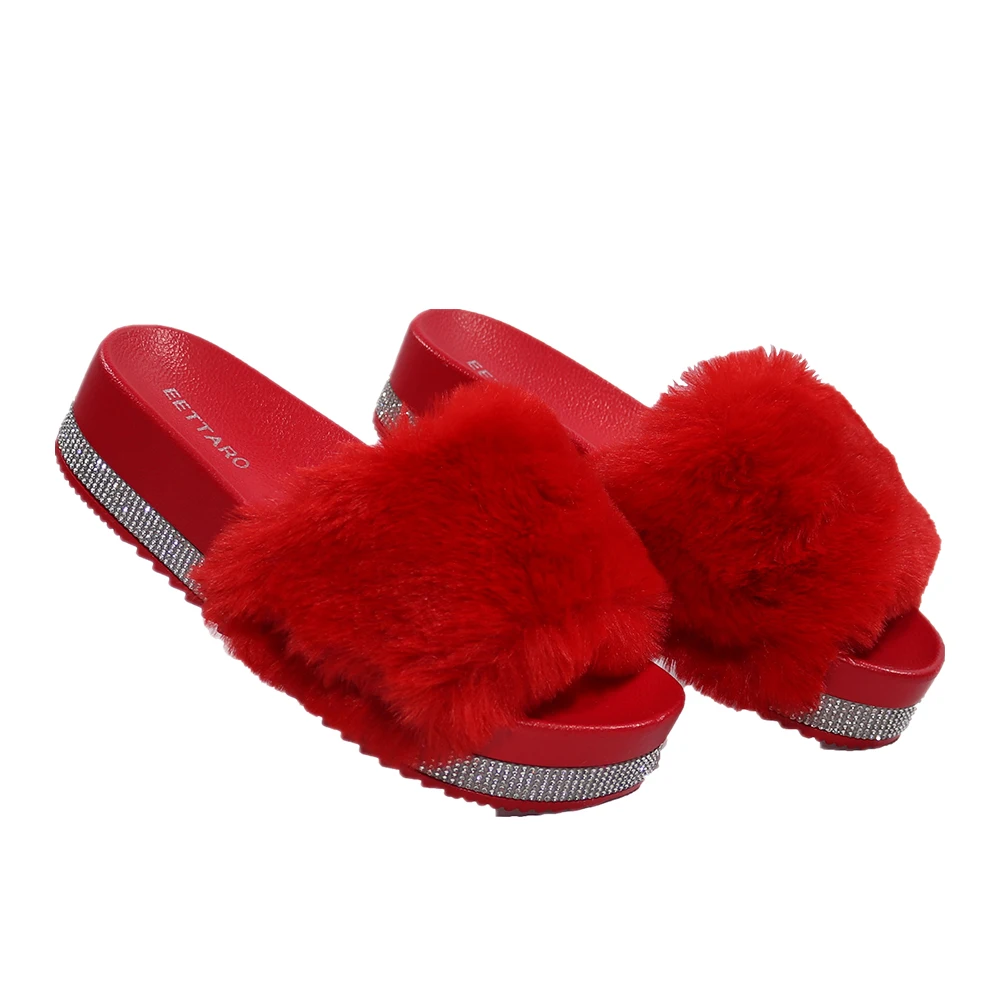 
2021 Latest Designers Home Trendy Furry High Heels Indoor Bed Fluffy Fur Slippers for Women 