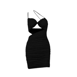 S-2XL Backless Midi Dresses Gown Women Spaghetti Strap Halter Cut Out Drawstring Bodycon