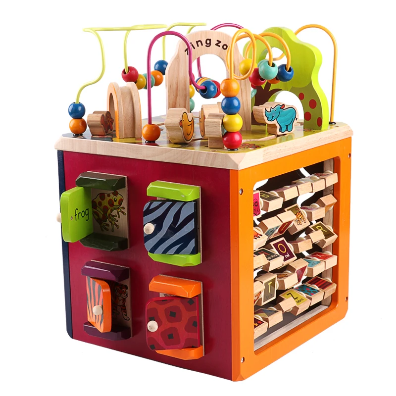 Multifunctional Four Sided Wooden Treasure Box bead montessori Kids Intelligence Development Wooden maze Toy busy board for kids