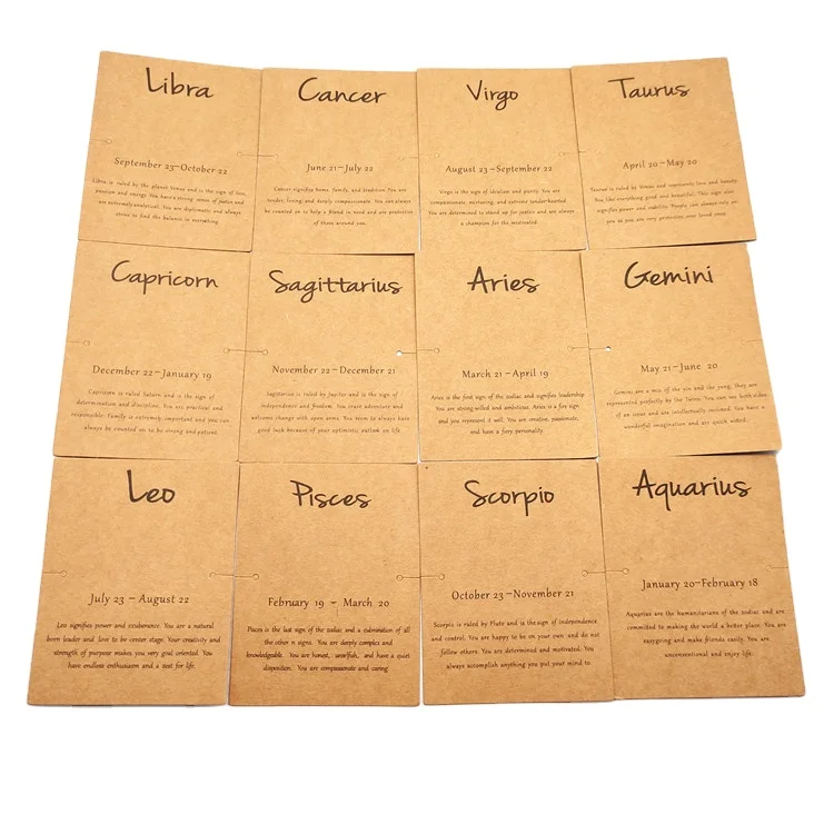 7*9cm constellation Zodiac Sign Bracelet Cards Custom Logo Printed Brown Kraft Paper Cards Men Women Gift Jewelry Packing Cards