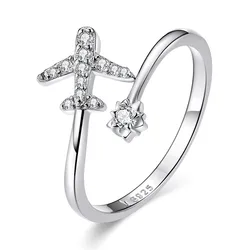 Fashion Jewelry Rings 925 Sterling Silver Rings Adjustable Open Rings Airplane Plane with Cubic Zircons