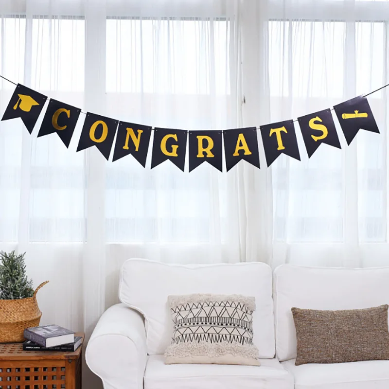 Hot sale graduation season balloon party set black gold fish tail pull flag paper flower ball tassel gold sequins