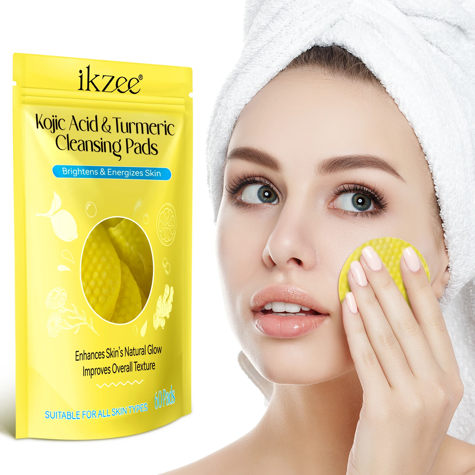 Ikzee 60 Pads Face Wash Products Turmeric Cleansing Pads and Whitening Exfoliating Kojic Acid Face Cleanser Pad for Acne Pore