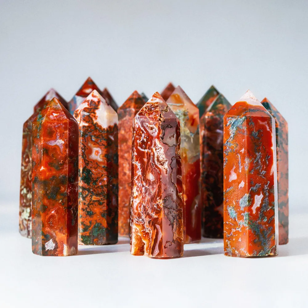 Wholesale high quality reiki gemstone natural red moss agate point quartz crystal wand folk crafts