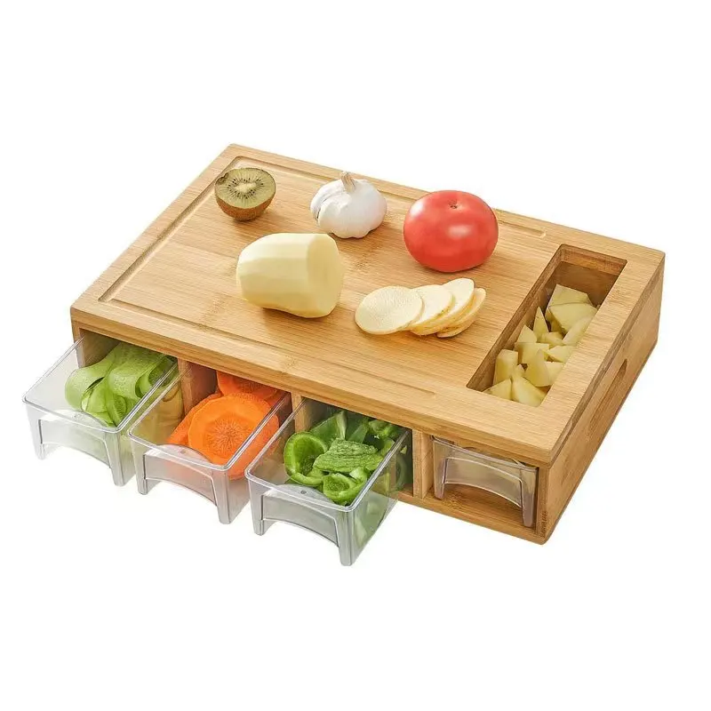 Bamboo Cutting Board With Food 4 Containers Storage Multifunctional drawer Wood Chopping Board