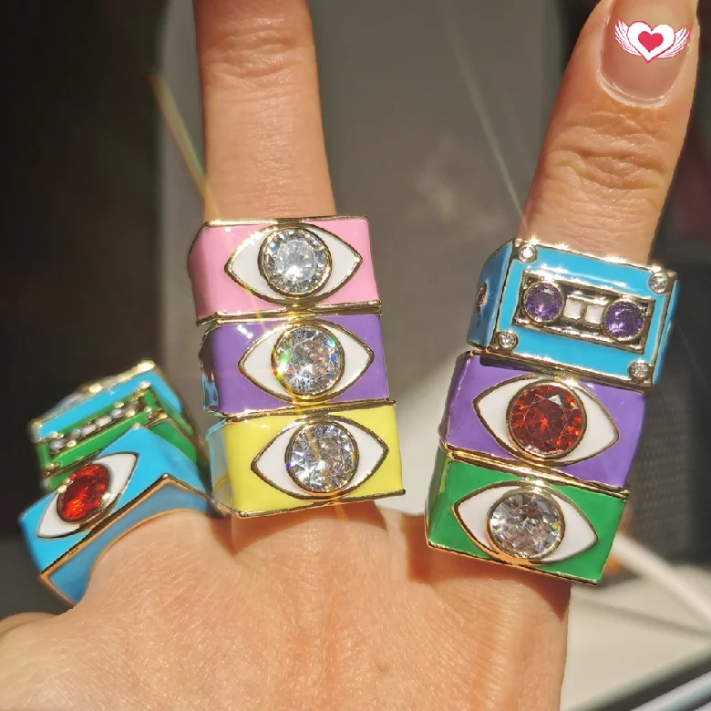 Personalized Y2k Jewelry Women Punk Stack Colorful Enamel Yinyang Cassette Tape Heart Chunky Finger Band Rings Brass Opp Bag