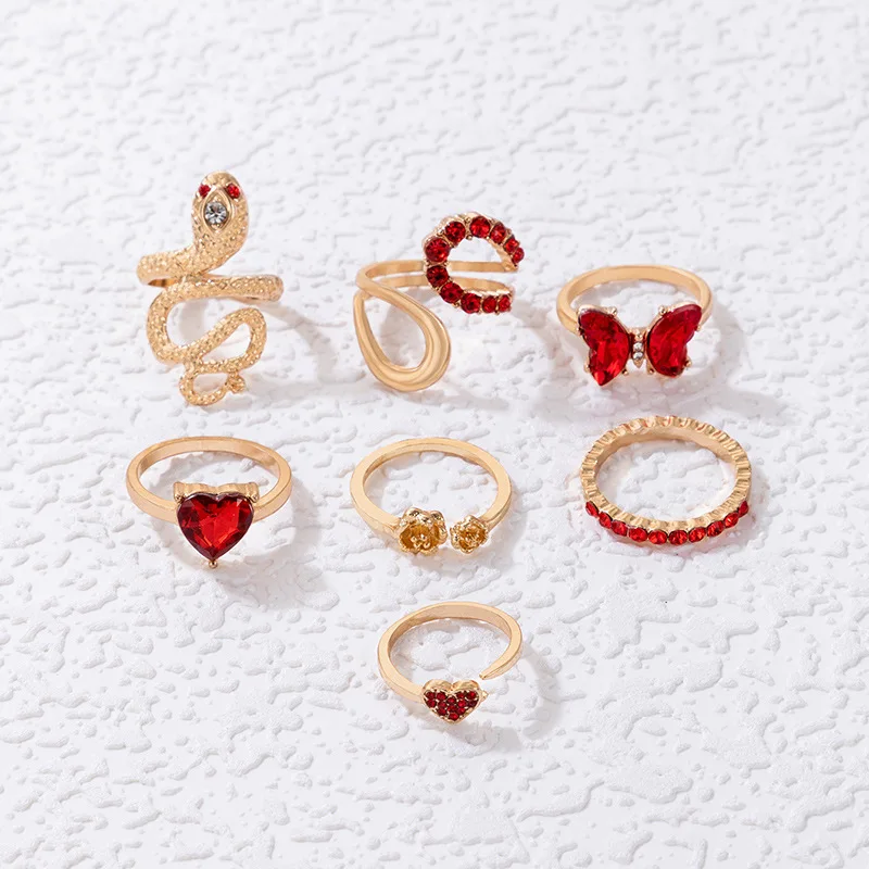 7Pcs/Set Diamond Adjustable Snake Shaped Butterfly Women Rings Set